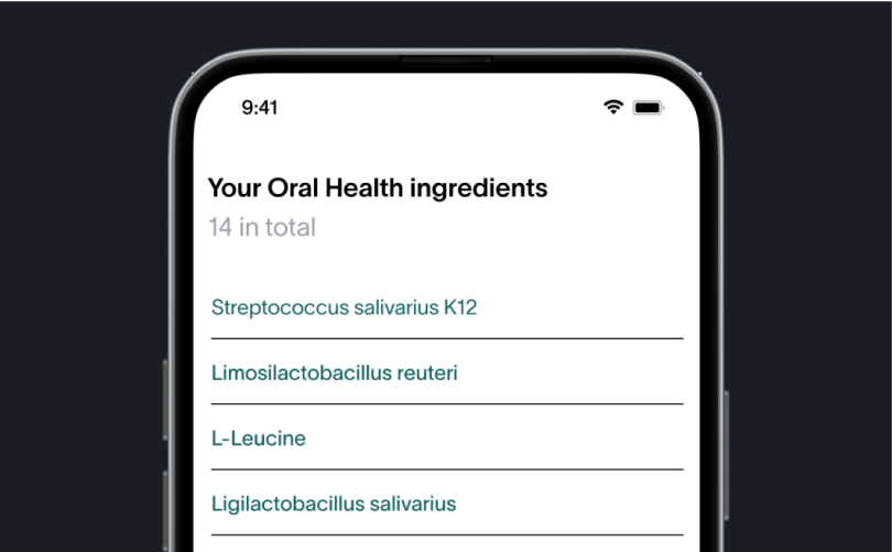 A smartphone screen showing Oral Health Ingredients for an example customer in the Viome app