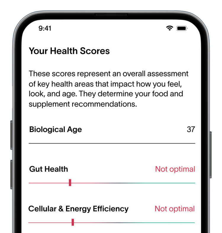 A picture of smartphone screen of the Viome app showing Health Scores that determine food and supplement recommendations.