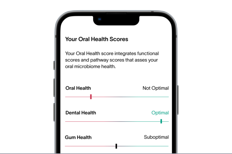 A smartphone screen from the Viome app, showing an example customer’s Oral Health Scores for Oral, Dental, and Gum Health
