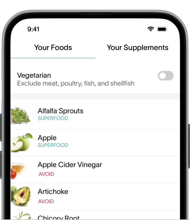 A smartphone screen showing Viome-recommended foods and supplements for a vegetarian diet